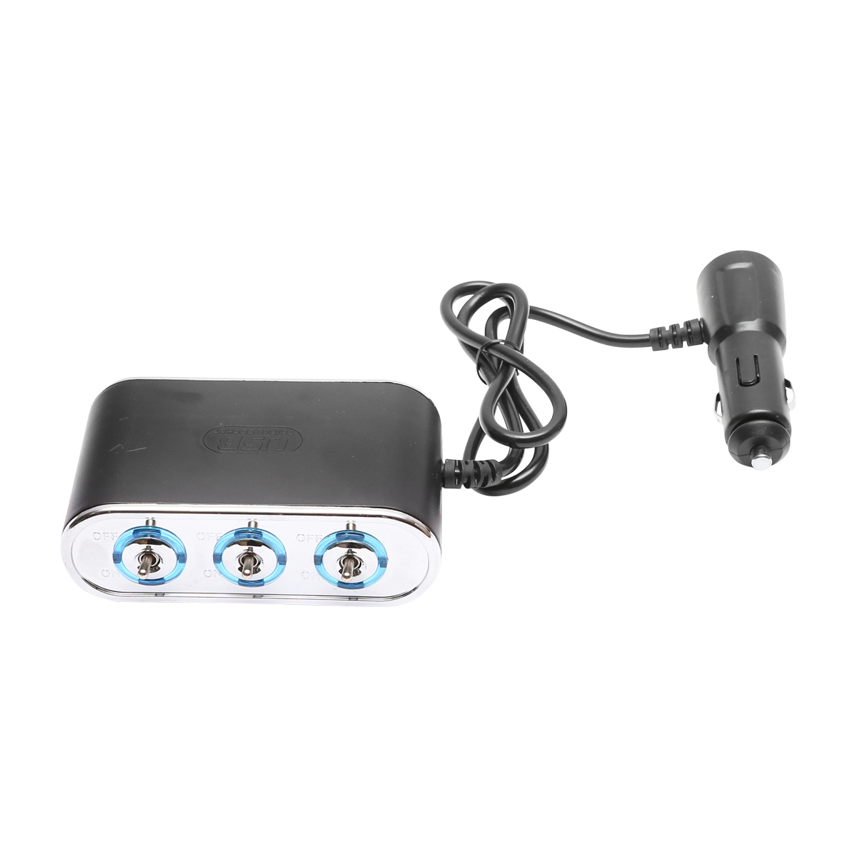 Adaptor bricheta auto tripla 12/24V negru cu intrerupator individual si 1 port USB  5V 2.1A