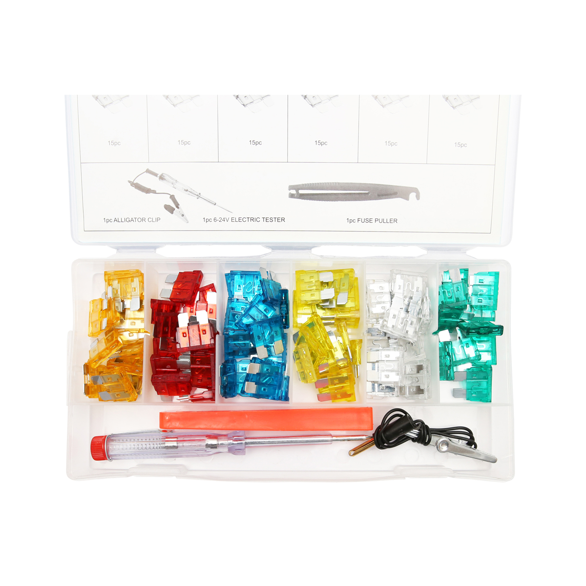 Trusa sigurante electrice auto plate cu creion tensiune 6-24V si cleste scos sigurante 93 piese - imagine 2