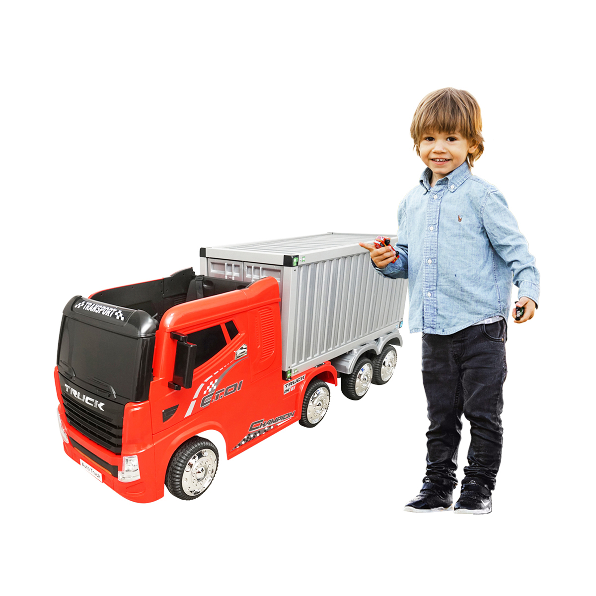 Camion electric rosu cu remorca, acumulator 12V/7Ah si telecomanda JJ2011 pentru copii 3 ani - imagine 2