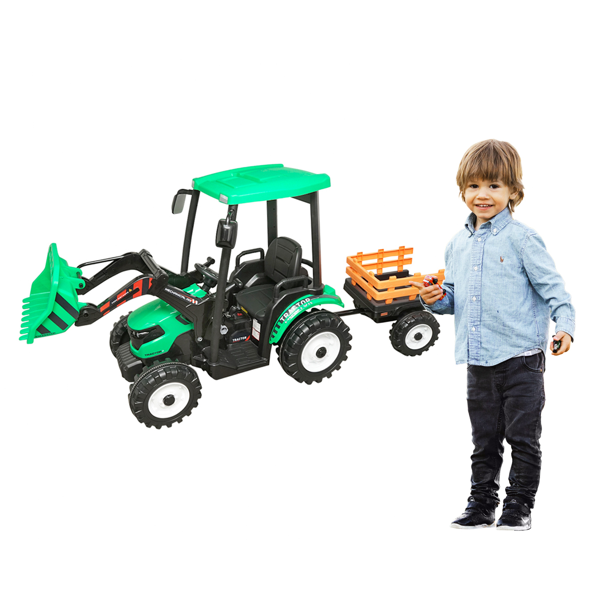 Tractor cu remorca electric pentru copii cu baterie 12V/10Ah si telecomanda JS3158B verde cu scaun din piele - imagine 2