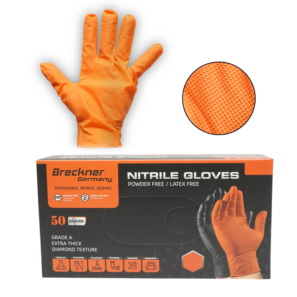 Manusi din nitril portocalii nepudrate cu textura diamond grip, marimea M 50 buc/cutie Breckner Germany