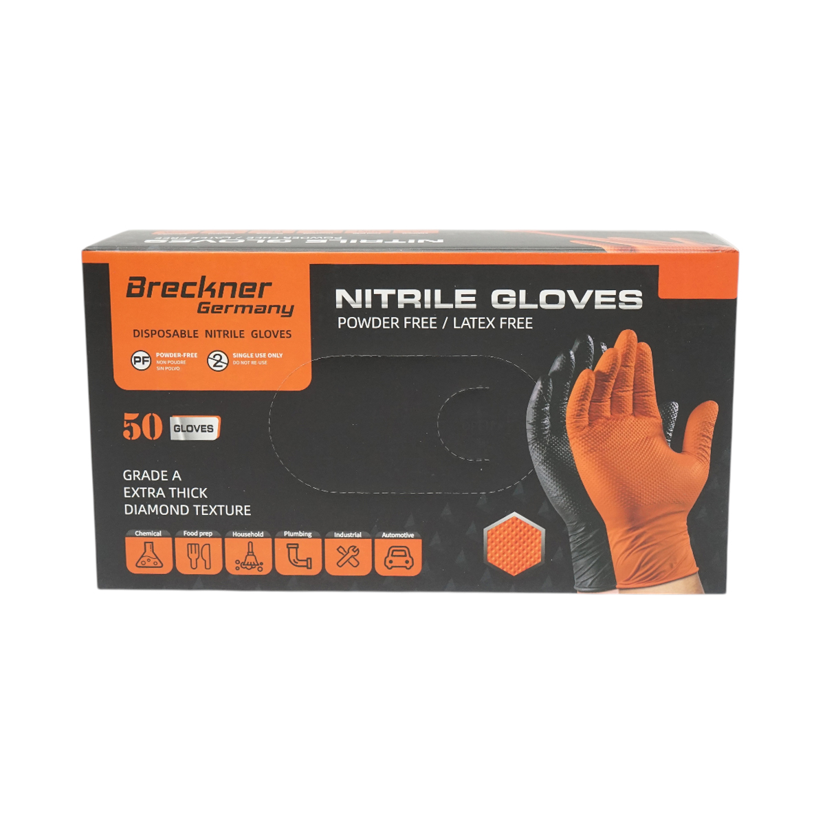 Manusi din nitril portocalii nepudrate cu textura diamond grip, marimea L 50 buc/cutie Breckner Germany - imagine 2