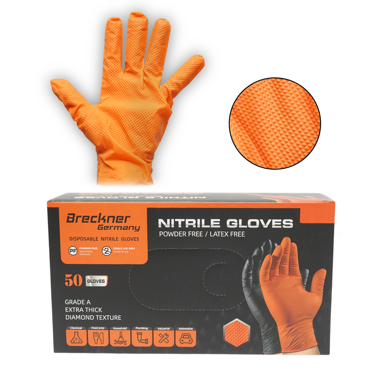 Manusi din nitril portocalii nepudrate cu textura diamond grip, marimea L 50 buc/cutie Breckner Germany