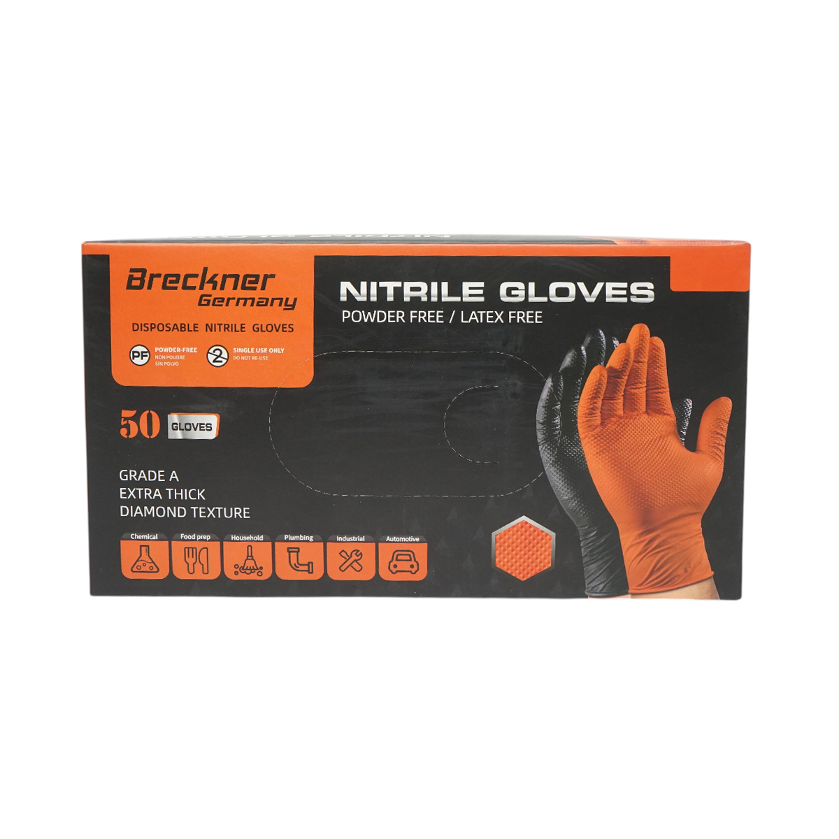 Manusi din nitril portocalii nepudrate cu textura diamond grip, marimea XL 50 buc/cutie Breckner Germany - imagine 2