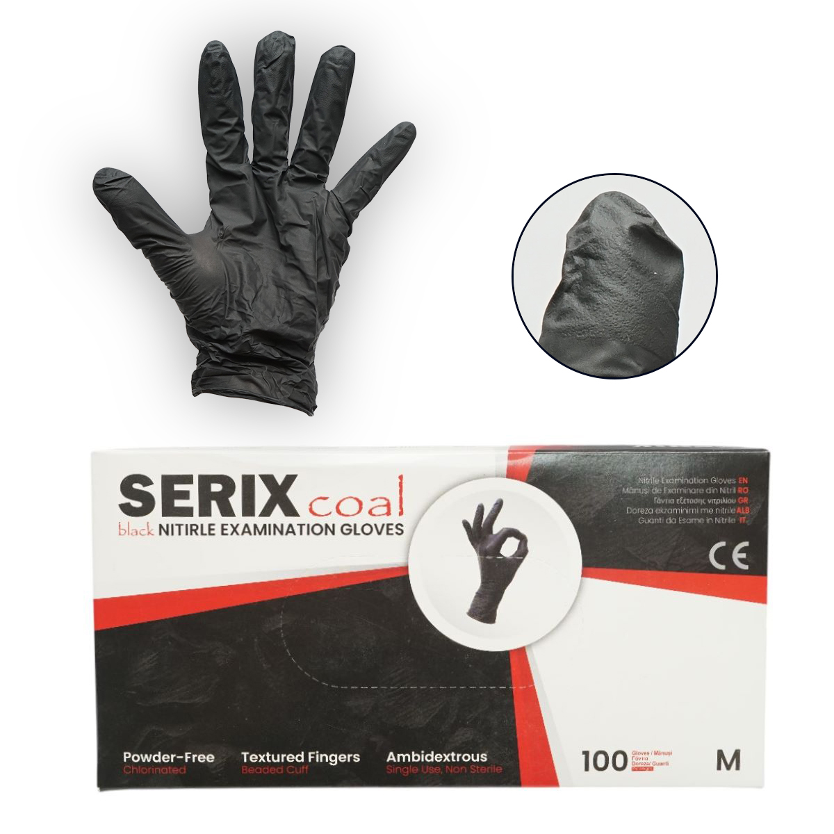 Manusi din nitril negre nepudrate cu textura aderenta pe degete, marimea M 100 buc/cutie