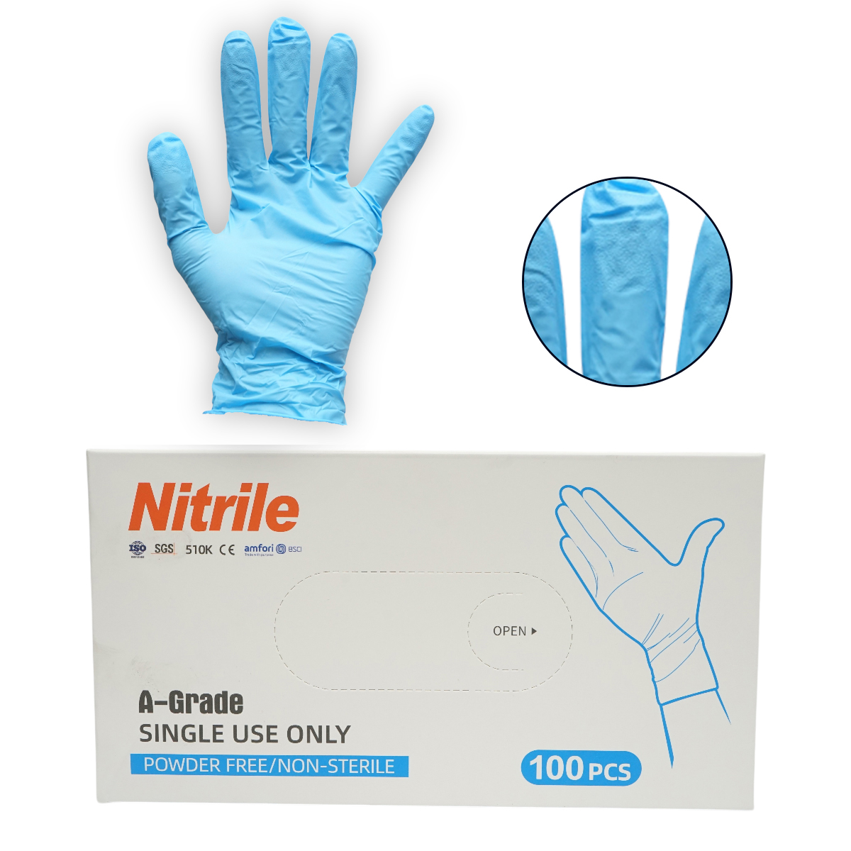 Manusi din nitril albastre nepudrate cu textura aderenta pe degete, marimea S 100 buc/cutie