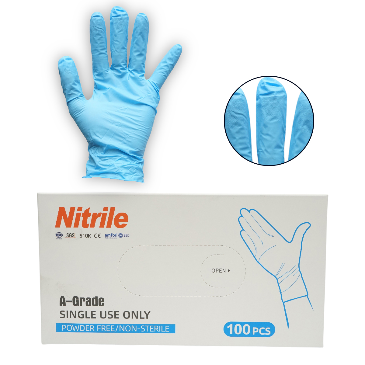 Manusi din nitril albastre nepudrate cu textura aderenta pe degete, marimea M 100 buc/cutie