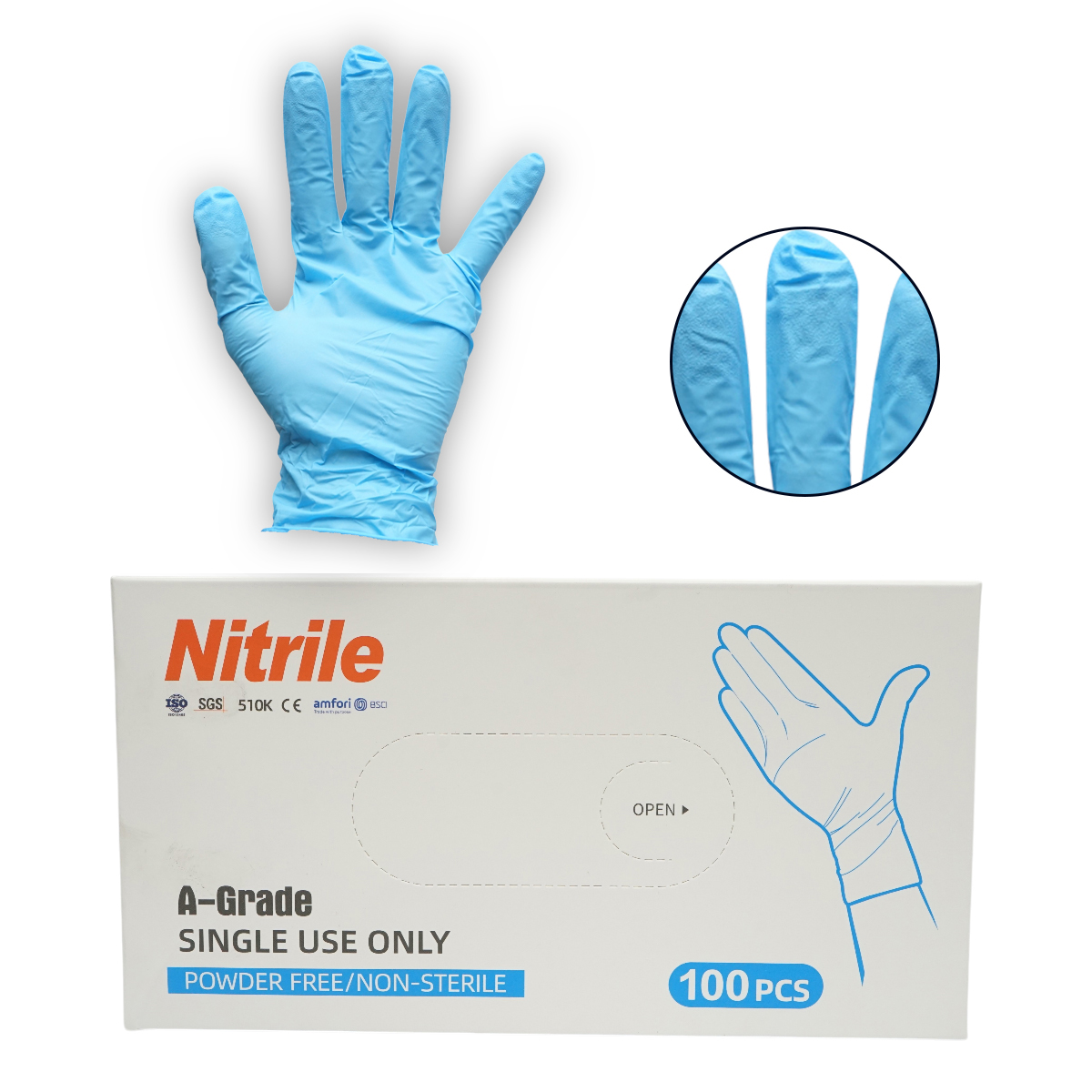 Manusi din nitril albastre nepudrate cu textura aderenta pe degete, marimea L 100 buc/cutie