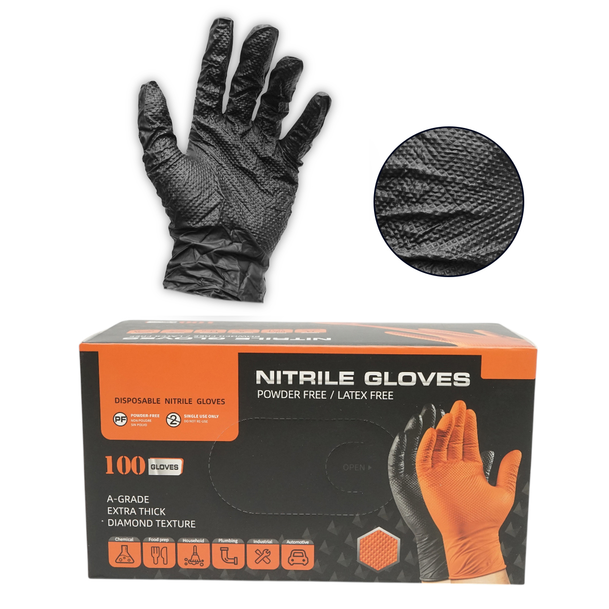 Manusi din nitril negre nepudrate cu textura diamond grip, marimea S 100 buc/cutie