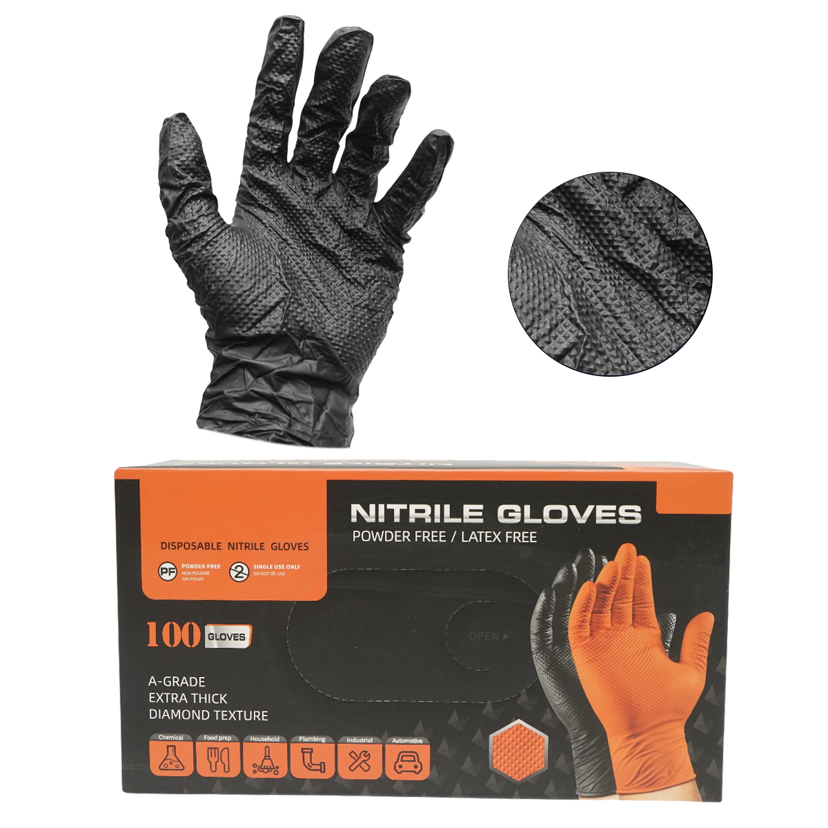 Manusi din nitril negre nepudrate cu textura diamond grip, marimea L 100 buc/cutie