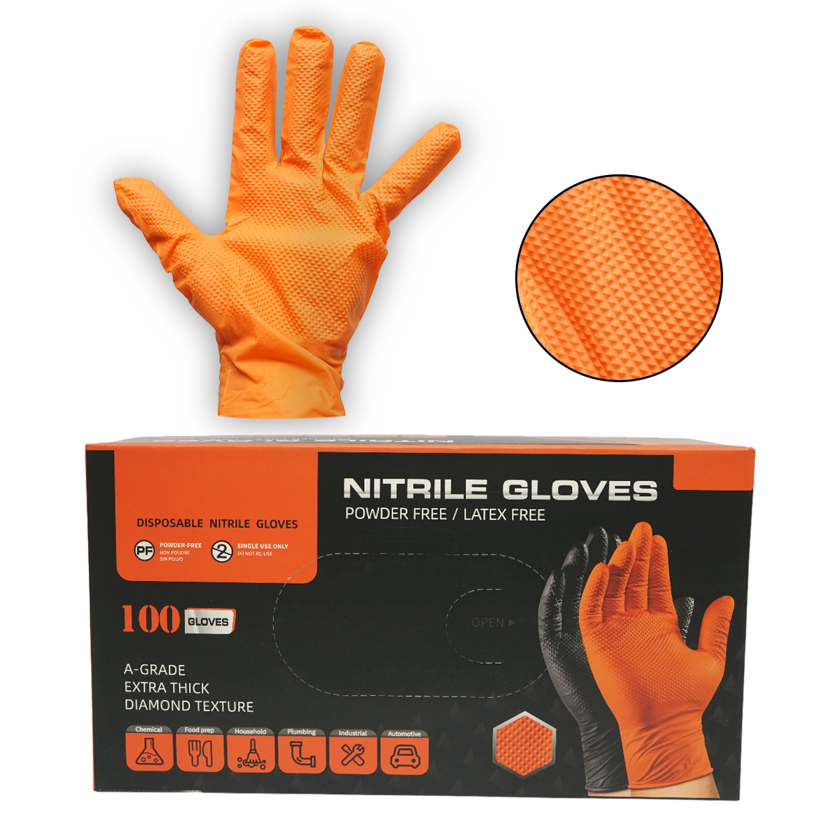 Manusi din nitril portocalii nepudrate cu textura diamond grip, marimea S 100 buc/cutie