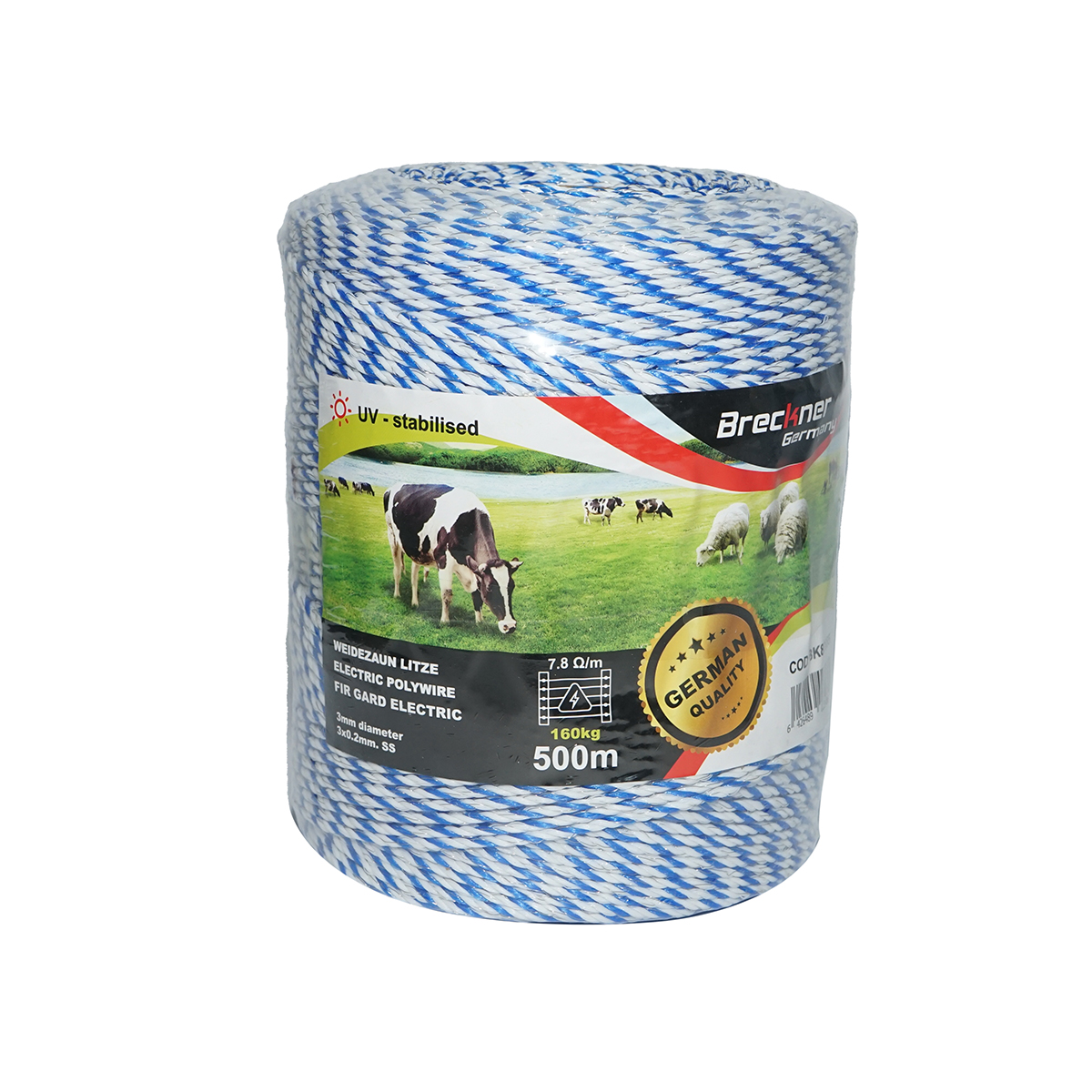 Rola fir alb-albastru fi 3mm 3x0.2mm SS, 7,8 Ohm/m, 500m gard electric Breckner Germany