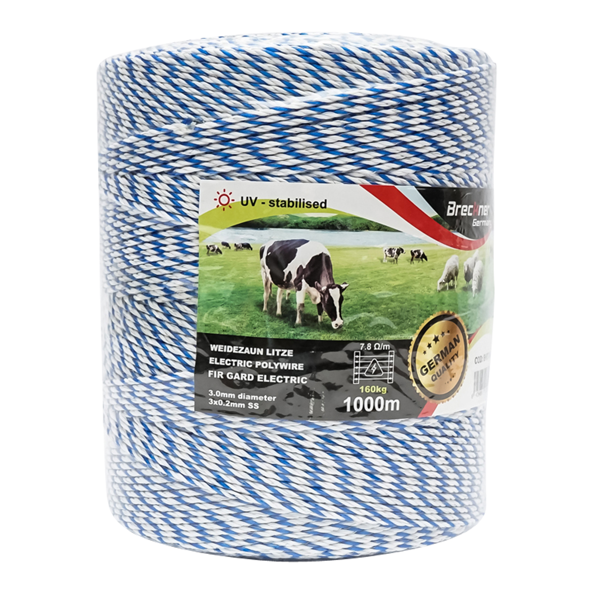 Rola fir alb-albastru fi 3mm. 3x0.2mm. SS, 7,8 Ohm/m, 1000m gard electric Breckner Germany - imagine 3