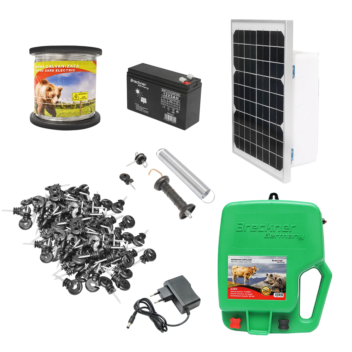 Kit gard electric DC 12/220V, 4.5 Joule,lungime fir 1000m cu panou solar 20W Breckner Germany