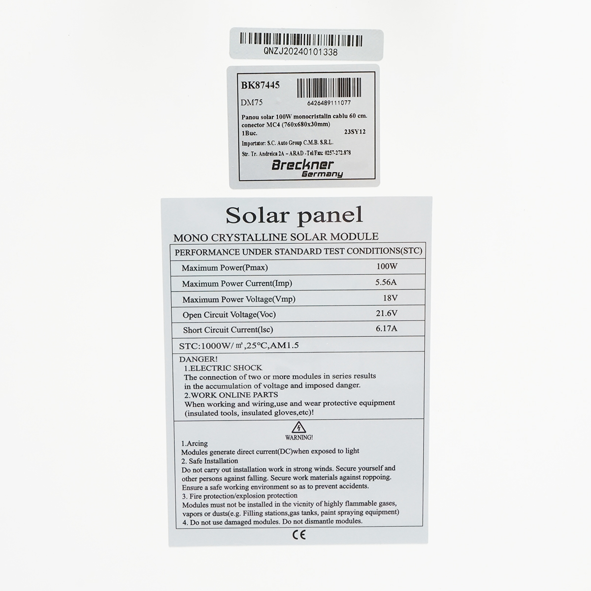 Panou solar 100W fotovoltaic monocristalin 760x680x30mm Breckner Germany - imagine 3