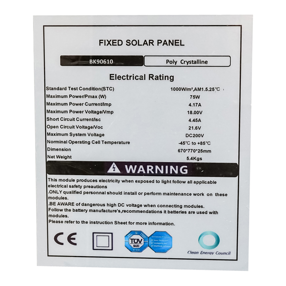 Panou solar 75W policristalin cu cablu 900mm 670x770x25mm Breckner Germany - imagine 5