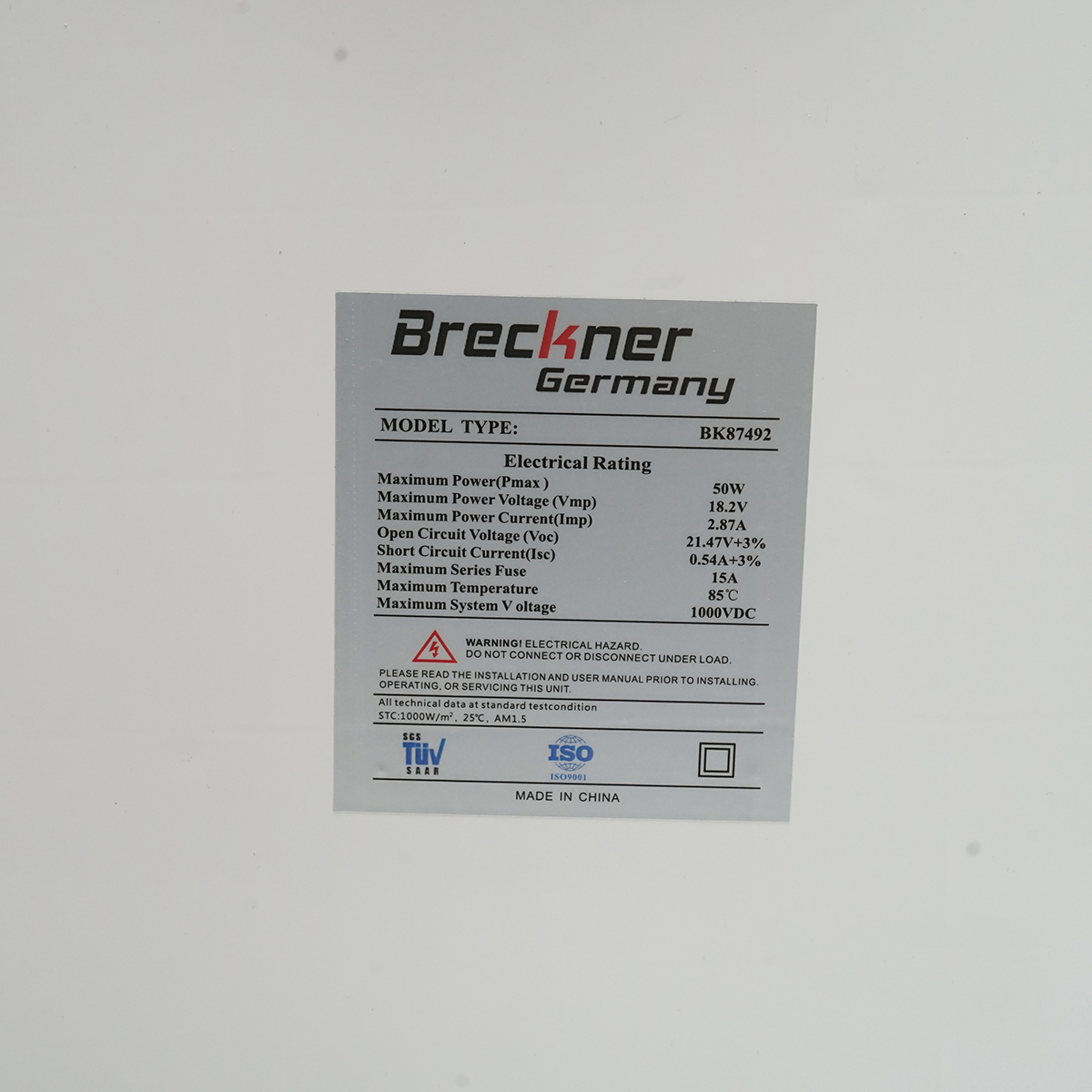 Panou solar 50W fotovoltaic policristalin cu cablu 90cm si tensiune maxima de 18V 670x530x20mm Breckner Germany - imagine 3