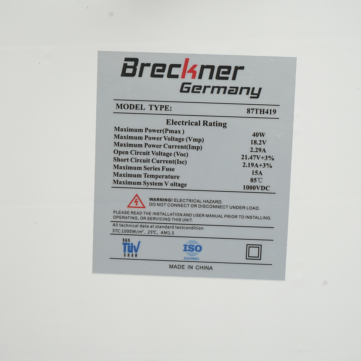 Panou solar 40W fotovoltaic monocristalin cu cablu de conectare 90cm si tensiune maxima 18V 570x400x25mm Breckner Germany - imagine 3