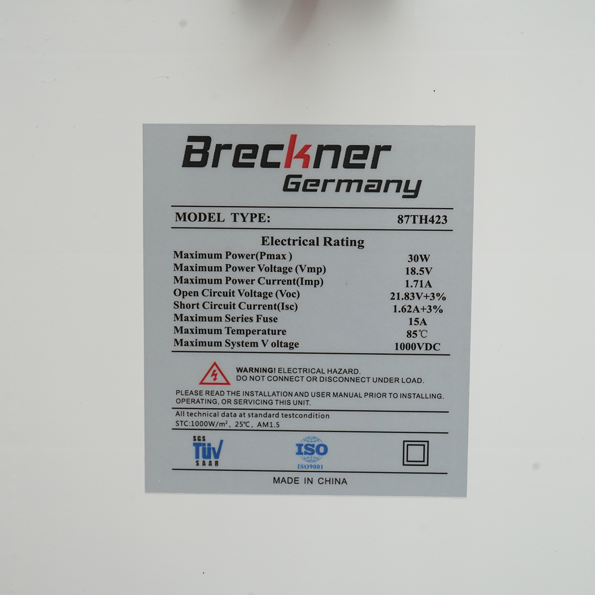 Panou solar 30W fotovoltaic monocristalin cu cablu de conectare 90cm si tensiune maxima 18V 420x405x25mm Breckner Germany - imagine 3