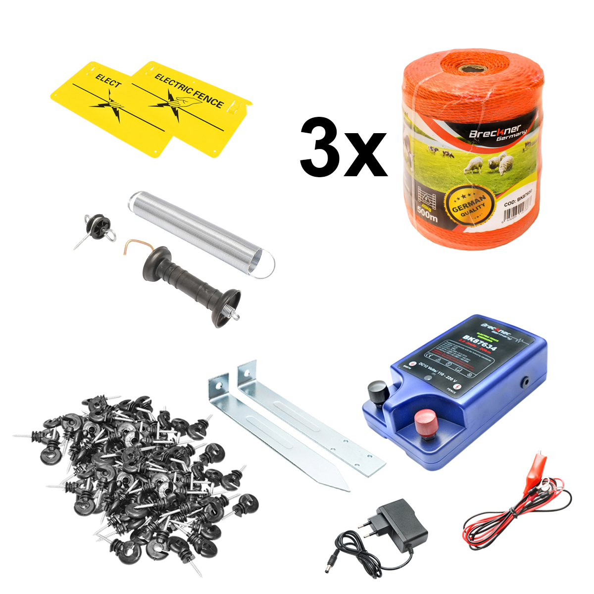 Kit complet gard electric 12/220V, 3 Joule, lungime fir 1500m, 200 izolatori, 2 manere poarta si 2 placute avertizare Breckner Germany