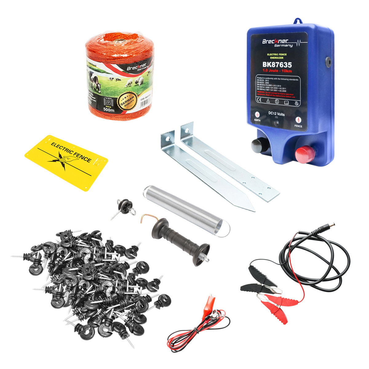 Kit complet gard electric 12V, 1 Joule, lungime fir 500m, 100 izolatori, 2 manere poarta, placuta avertizare Breckner Germany