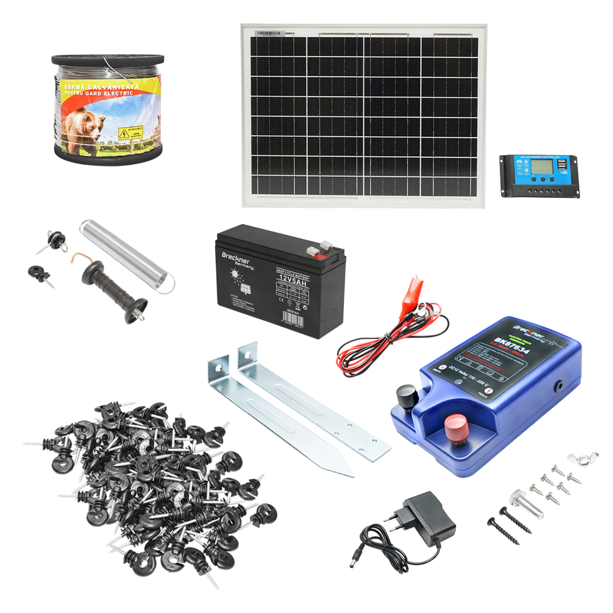 Kit complet gard electric 12/220V, 3 Joule cu panou solar 20W, lungime sarma 1000m, 100 izolatori, kit poarta si baterie 12V/17Ah Breckner Germany