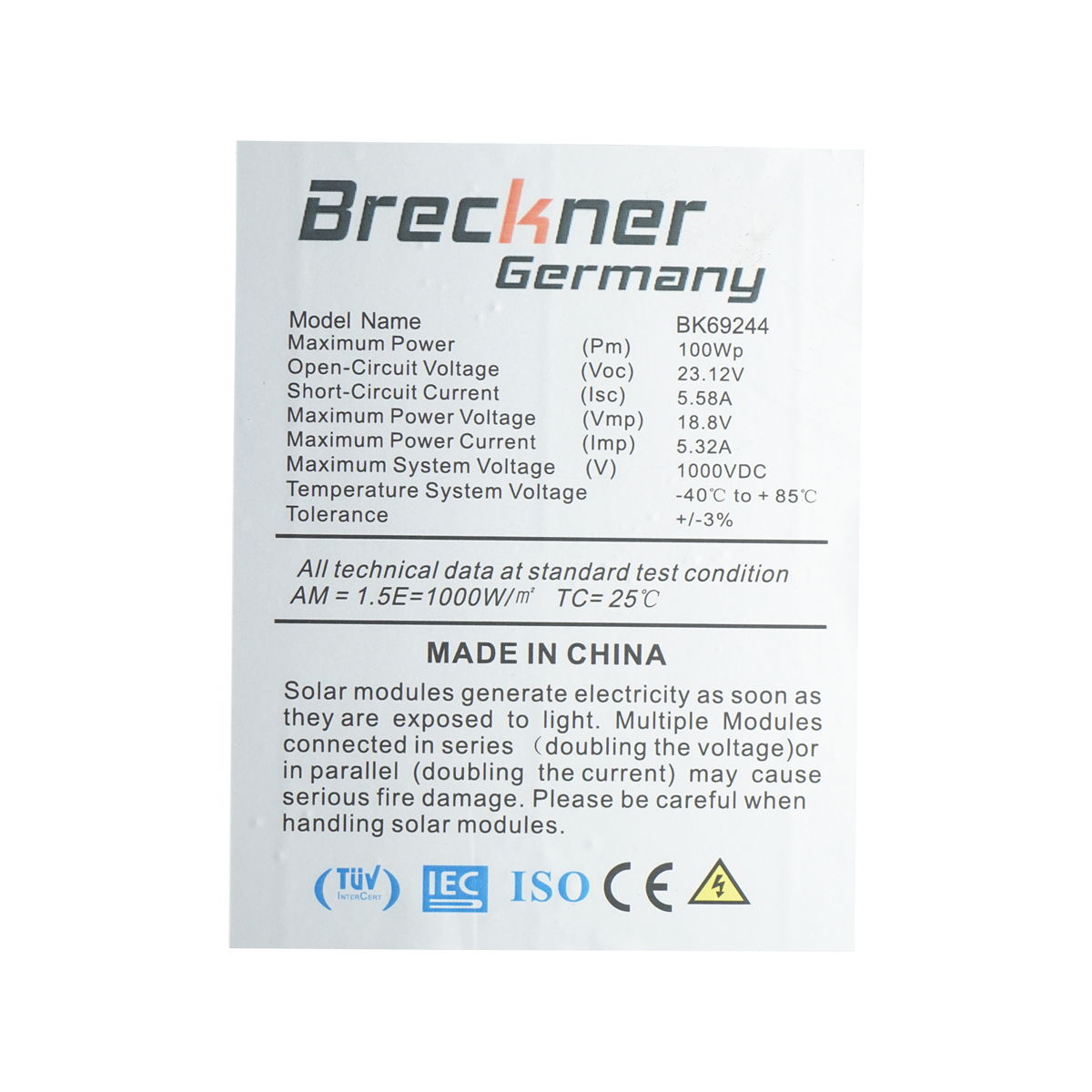 Panou solar fotovoltaic 100W polycristalin 1200x550x30mm Breckner Germany - imagine 4