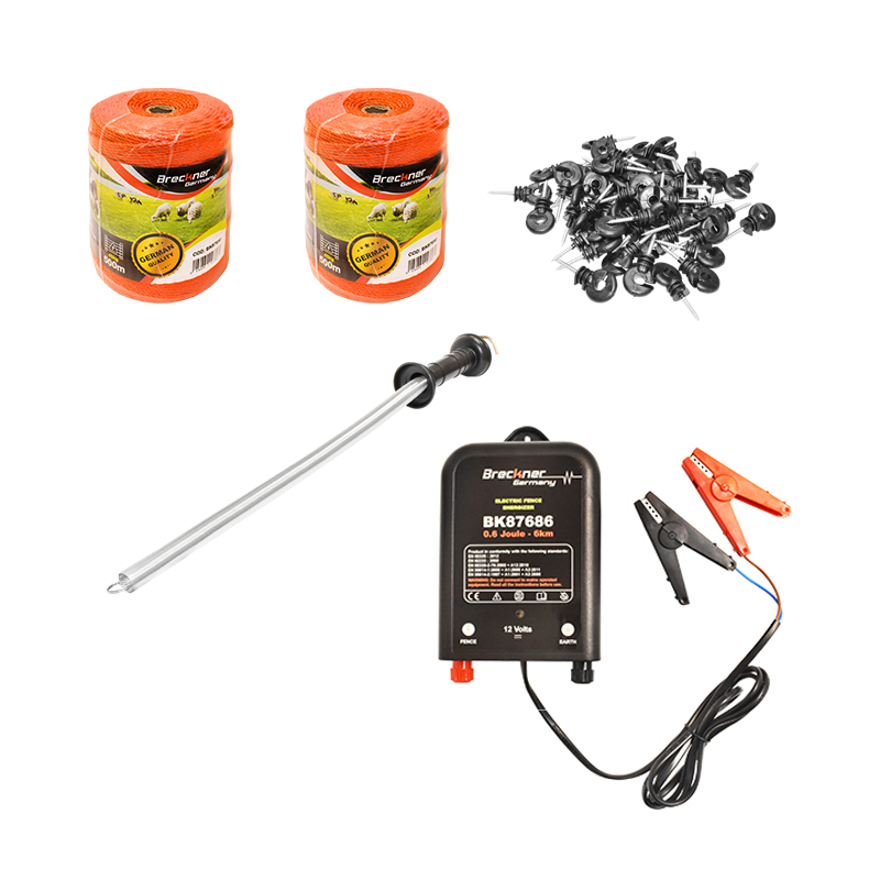 Kit complet gard electric 12V 0.6 Joule, lungime fir 1000m, 100 izolatori, kit poarta Breckner Germany