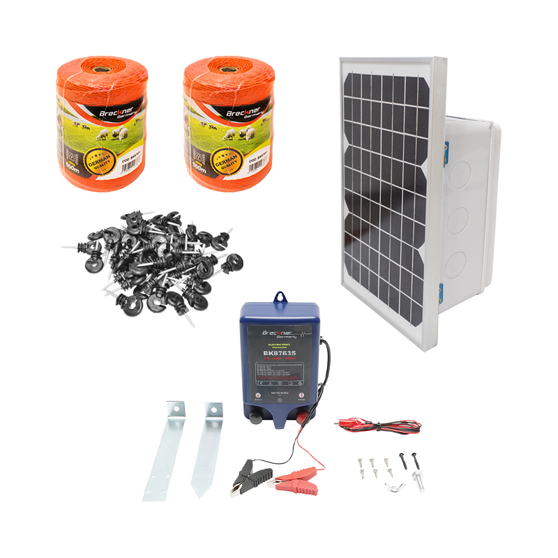 Kit complet gard electric 12V 1 Joule, lungime fir 1000m, panou solar 20W, baterie 12V/17Ah, regulator 12-24V/10Ah 2 USB-uri 100 izolatori Breckner Germany