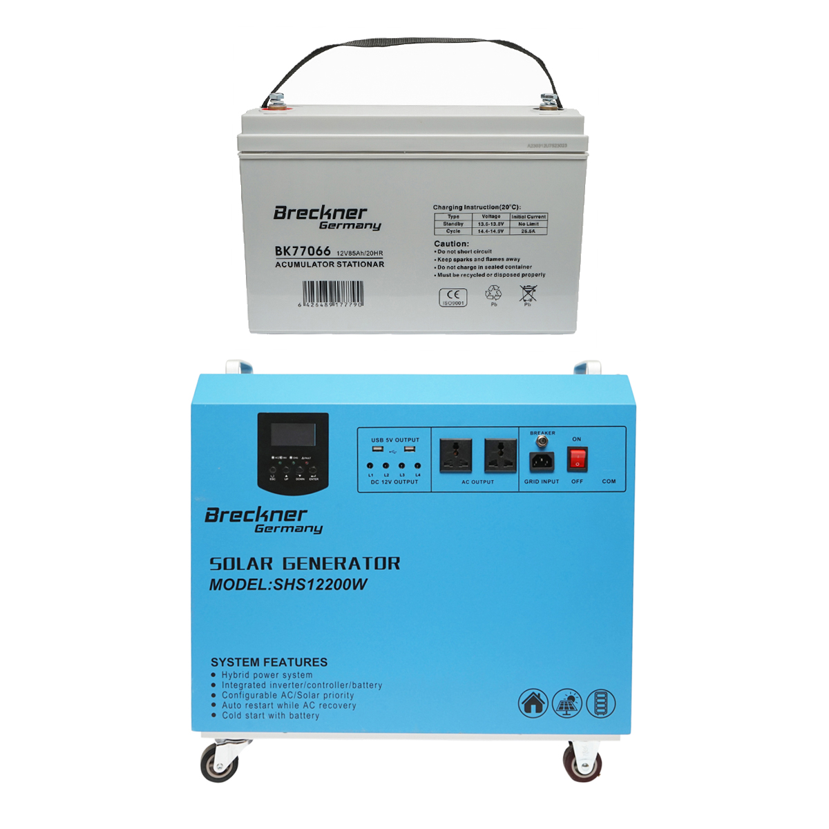 Invertor solar 800W PWM 12V, 50A echipat cu baterie stationara 12V/85Ah, mobil cu controler