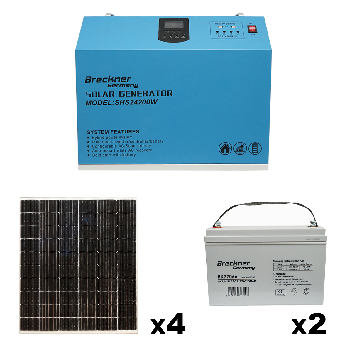 Kit sistem solar fotovoltaic mobil, cu invertor Hybrid PMW 1,6KW , panouri de 300W, si acumulatori 85Ah Breckner Germany
