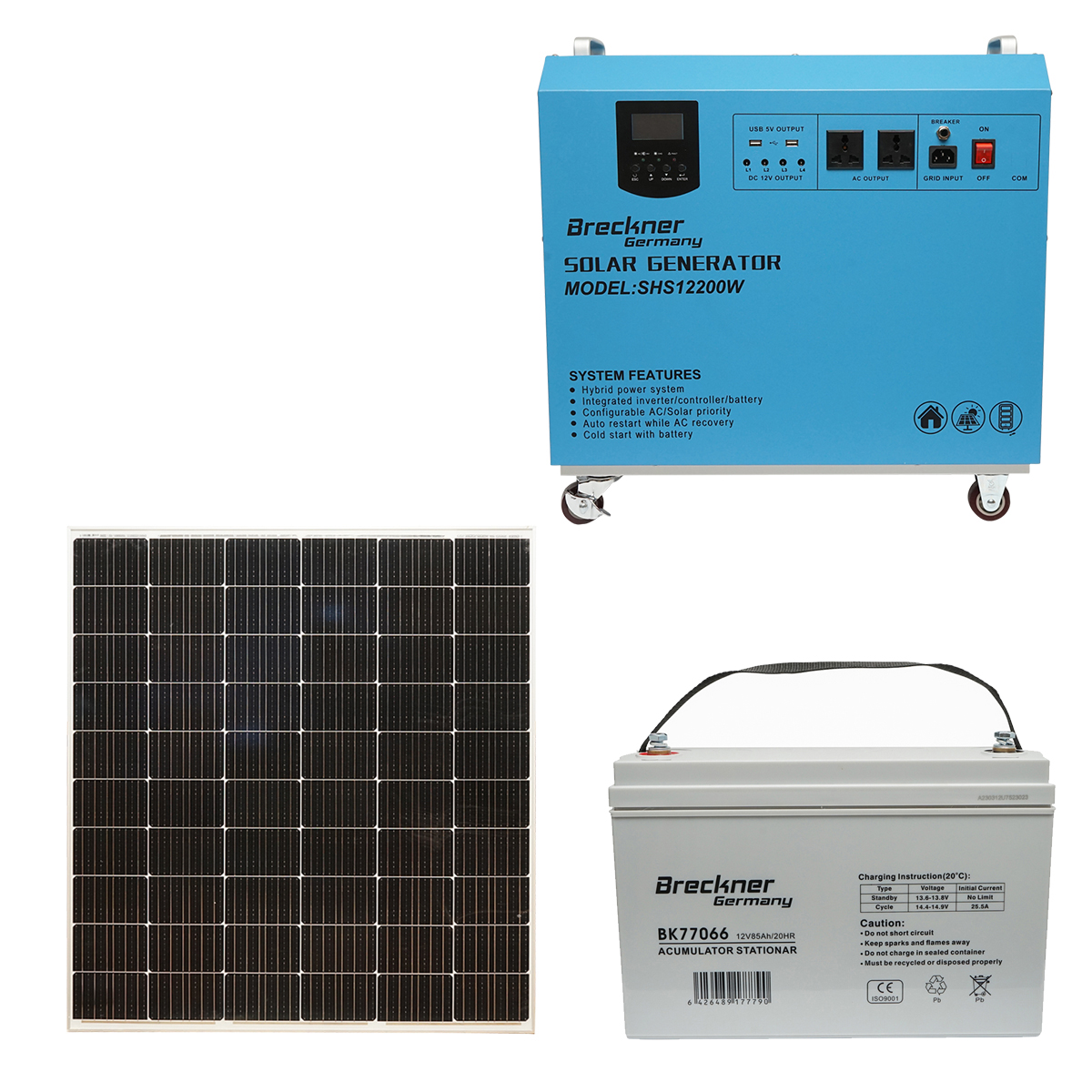 Kit sistem solar fotovoltaic mobil 600W, 12V/85Ah cu invertor PMW 800W Breckner Germany