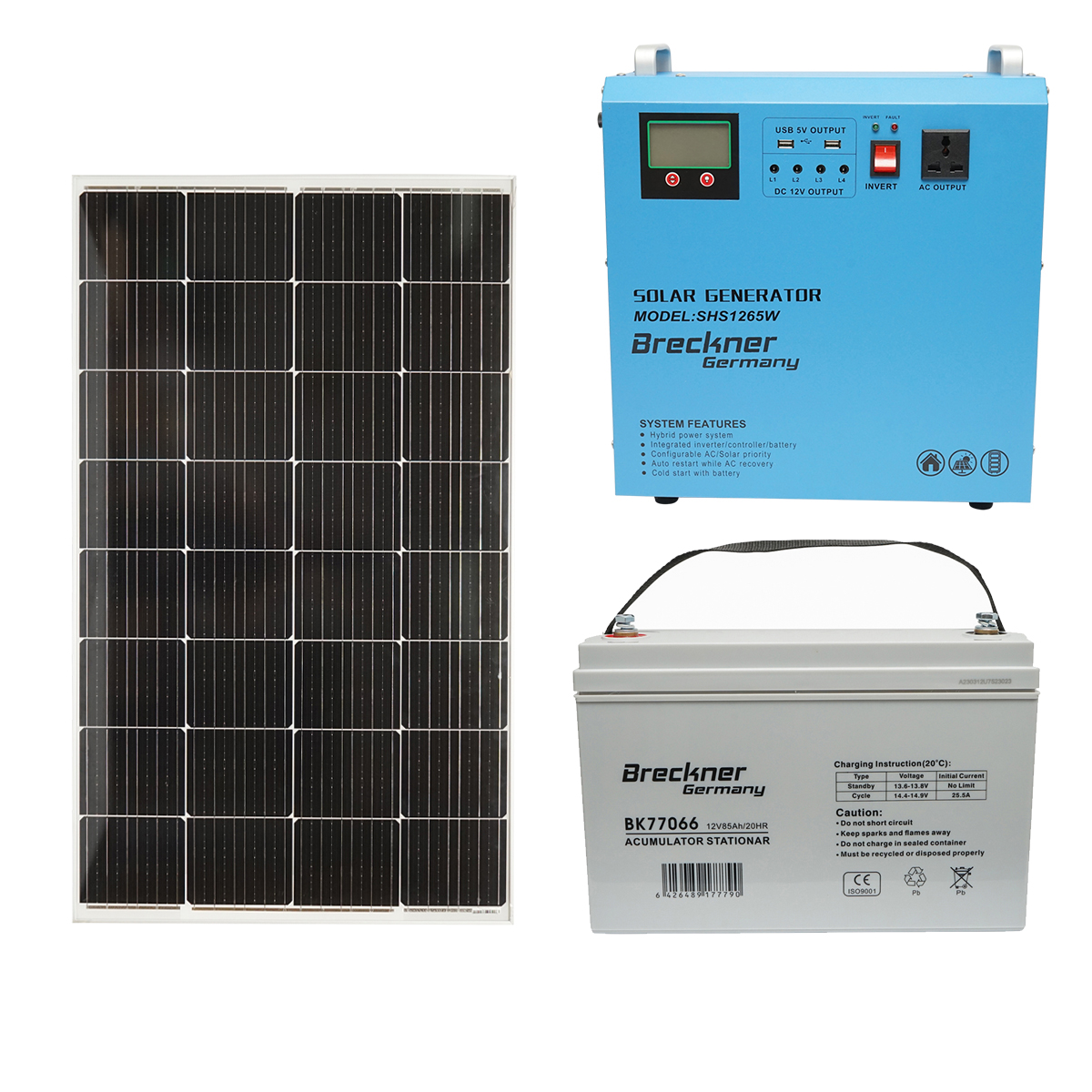 Kit sistem solar fotovoltaic cu baterie de stocare 1x12V/65AH. Invertor PMW 500W. Panou solar 200W Breckner Germany