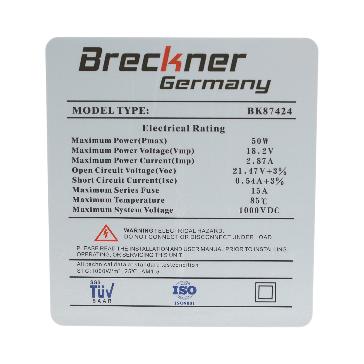 Panou solar 50W fotovoltaic monocristalin 550x680x25mm Breckner Germany - imagine 5