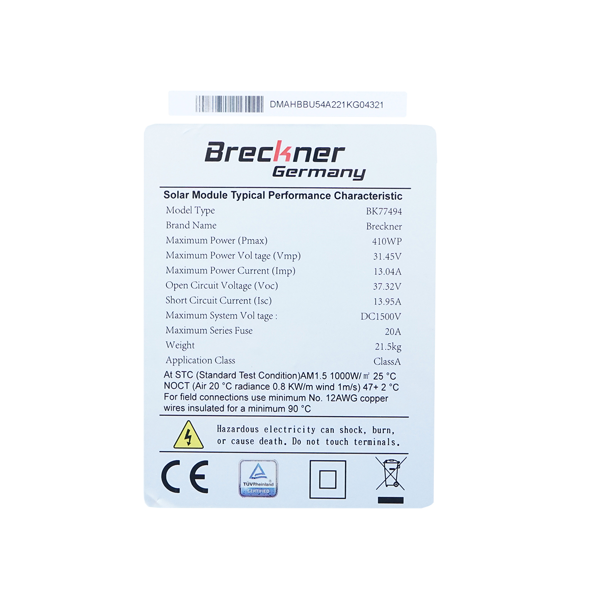 Panou solar 410W fotovoltaic monocristalin 37V cablu si conector MC4 1722x1134x35mm Breckner Germany - imagine 3