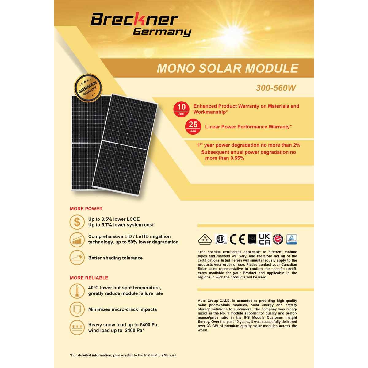 Panou solar 410W fotovoltaic monocristalin 37V cablu si conector MC4 1722x1134x35mm Breckner Germany - imagine 7