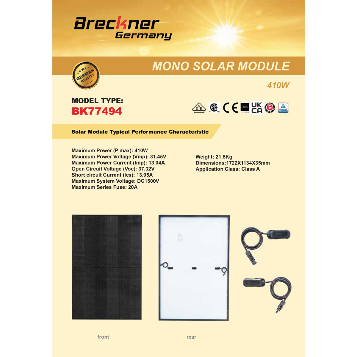 Panou solar 410W fotovoltaic monocristalin 37V cablu si conector MC4 1722x1134x35mm Breckner Germany - imagine 2