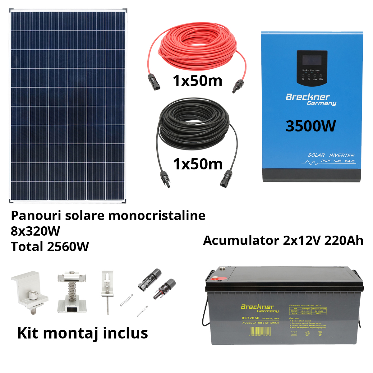 Sistem solar fotovoltaic cu invertor 3.5KW 220V ON-Grid Hibrid 100A MPPT Breckner Germay - imagine 2