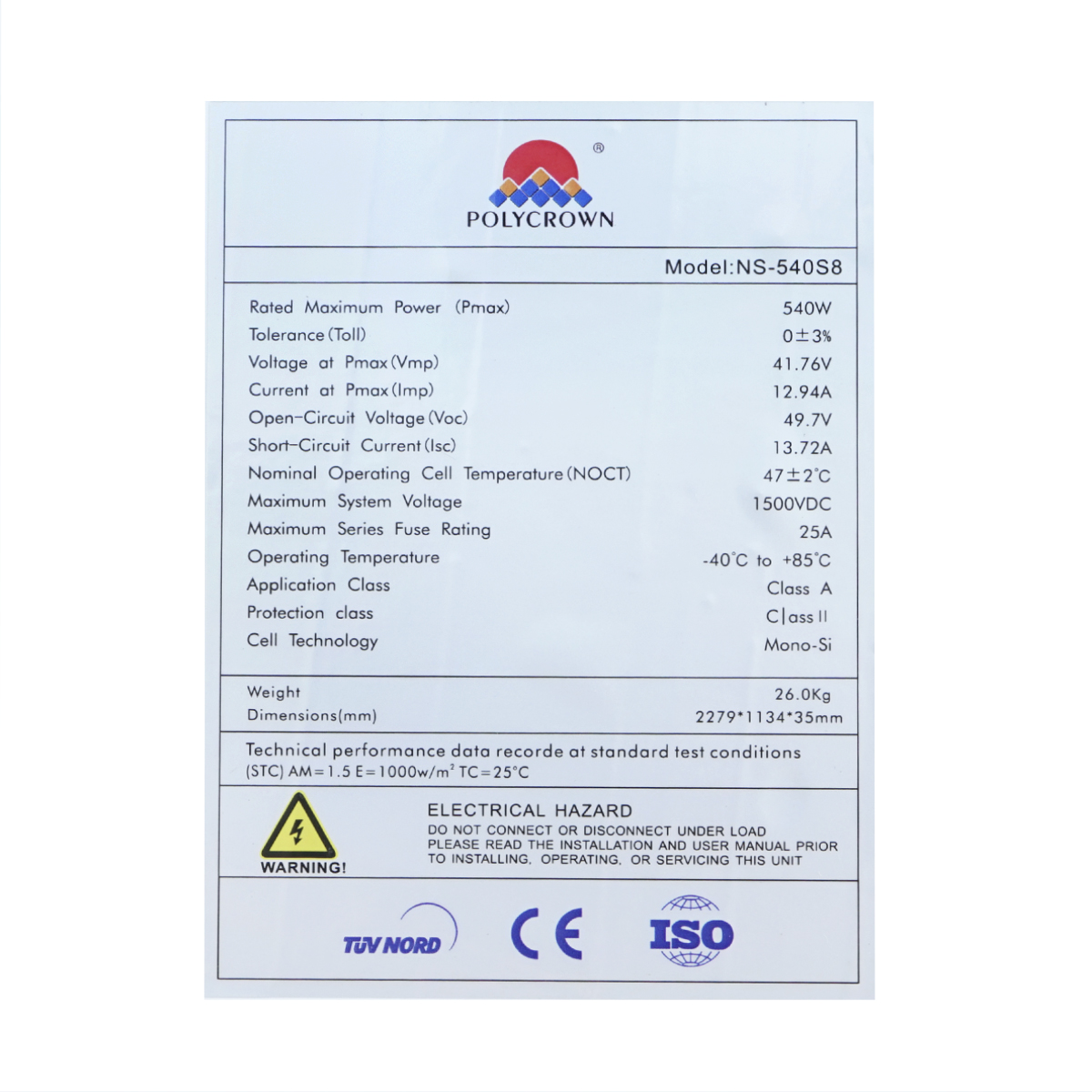 Panou solar 540W Polycrown A Grade, mono, fotovoltaic 2279x1134x35mm - imagine 4