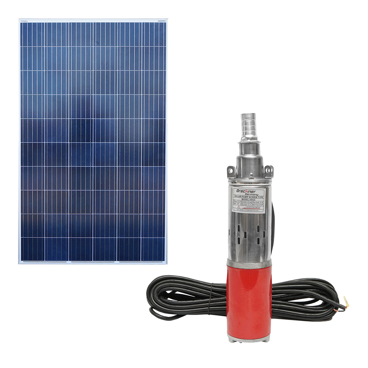 Pompa apa submersibila 24V, 250W, 2m3/h, D80mm cu panou solar fotovoltaic 275W Breckner Germany