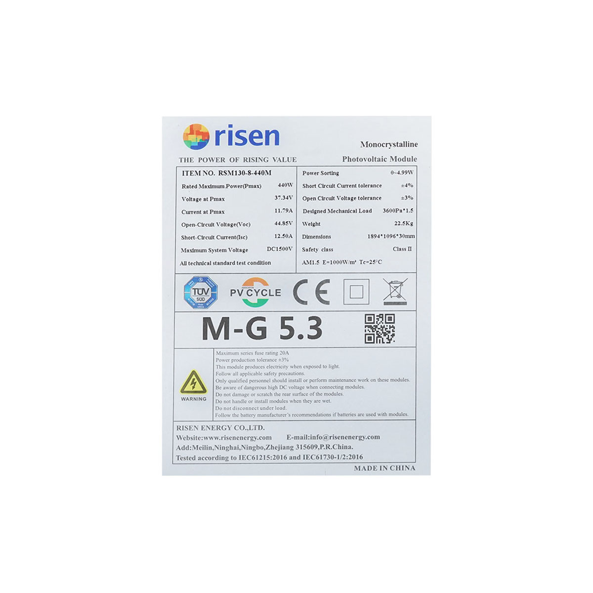 Panou solar Risen 440W fotovoltaic, monocristalin 1894x1096x30mm - imagine 5