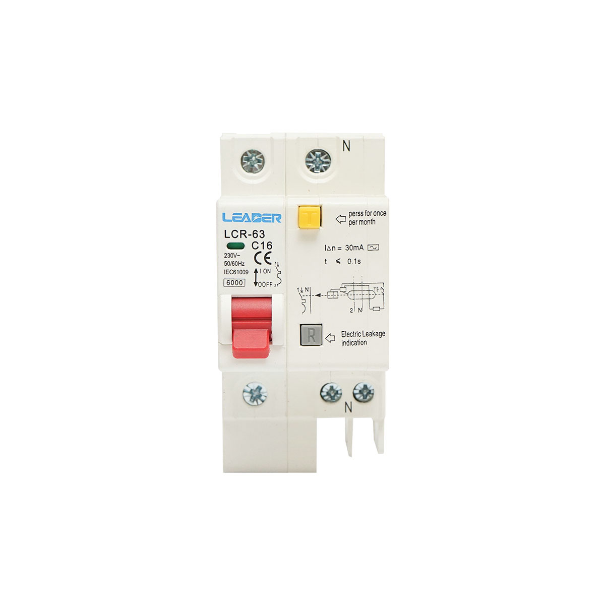 Siguranta diferentiala automata RCBO 1P+N, 16A, 230V AC, 30mA, 6kA Leader