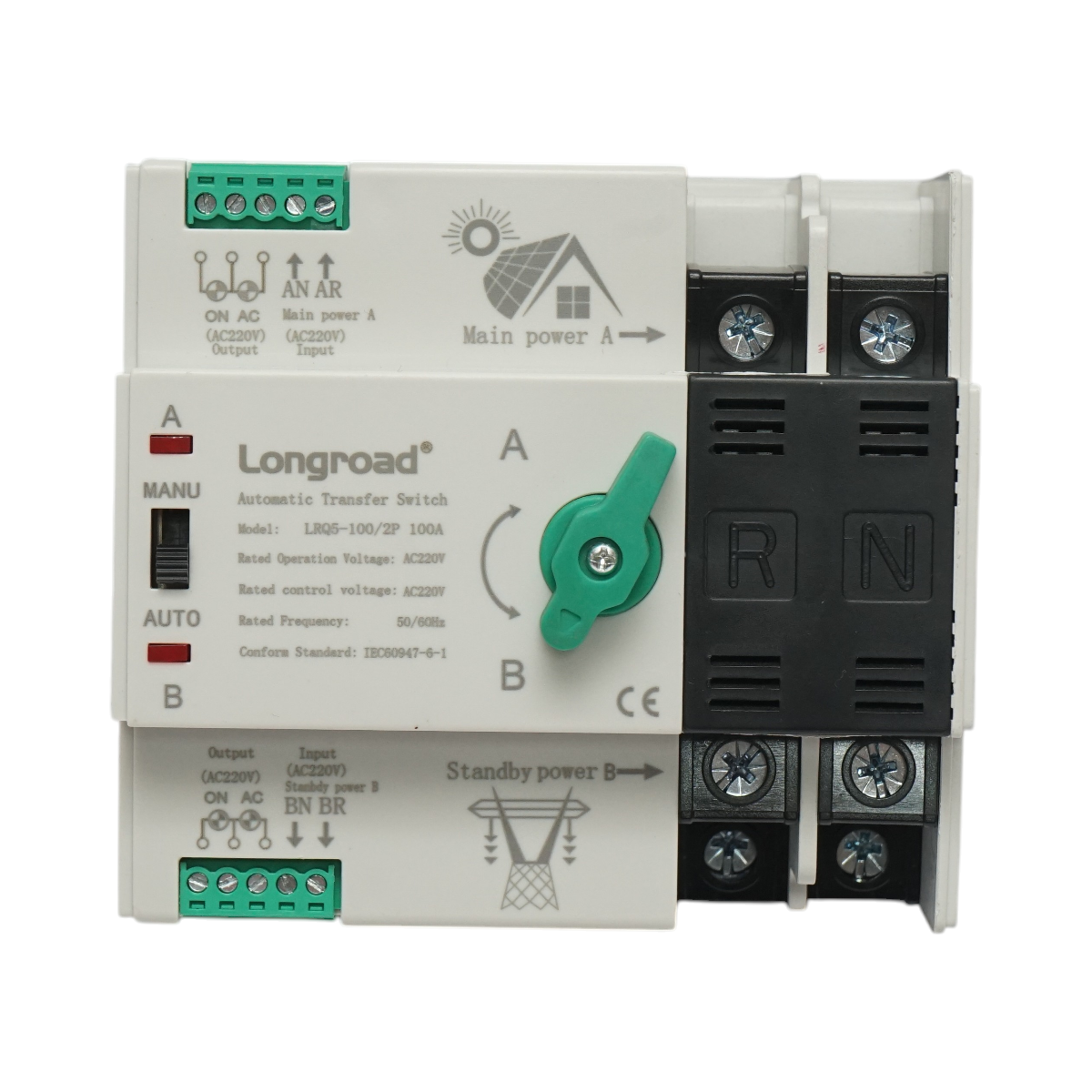 Comutator ATS 220V monofazat, separator automat de la panouri fotovoltaice la retea LRQ5-100/2P 100A Longroad