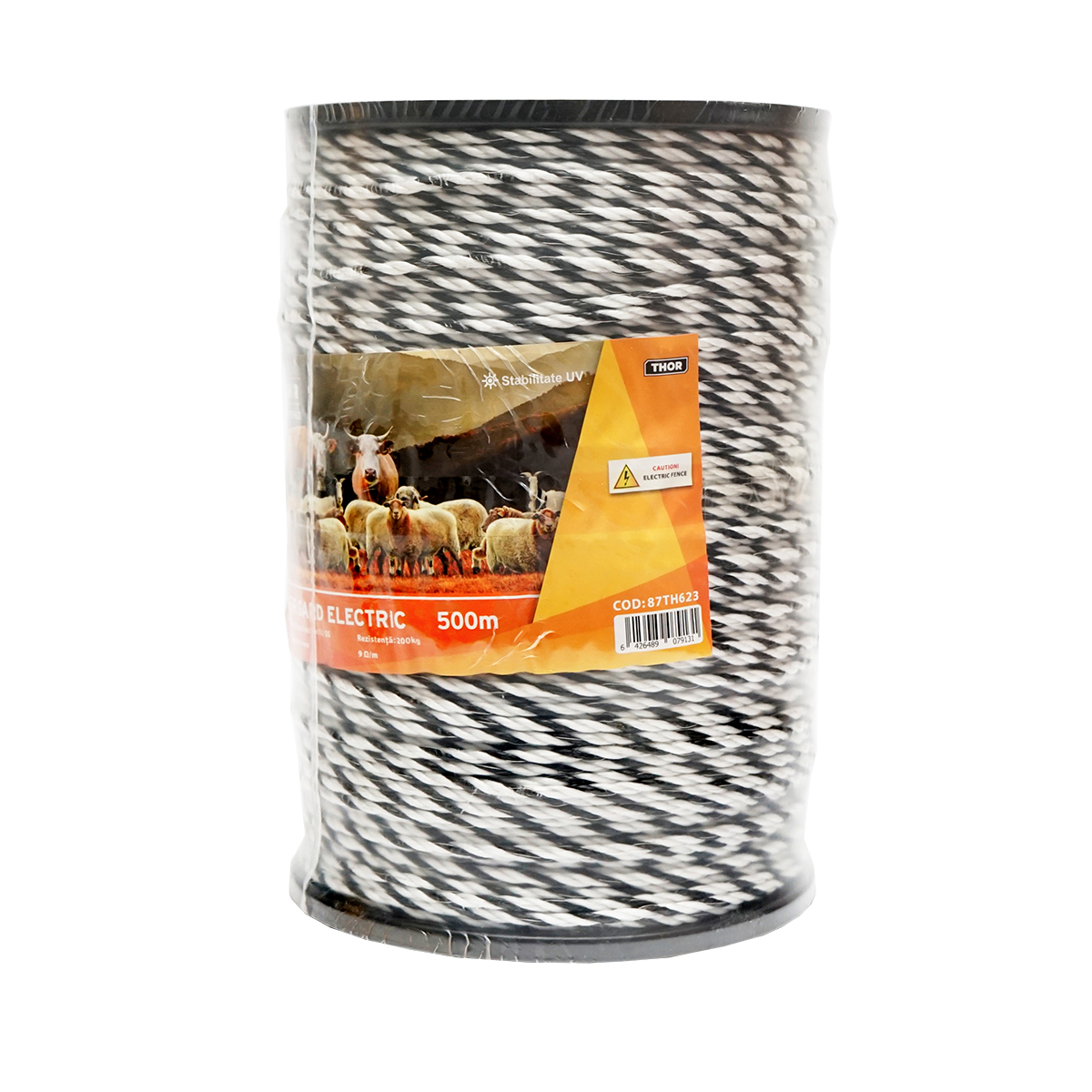 Rola fir alb-negru fi 4mm insertie metalica 3x0.2mm SS, rezistenta 9 Ohm/m, 500m gard electric Thor - imagine 2