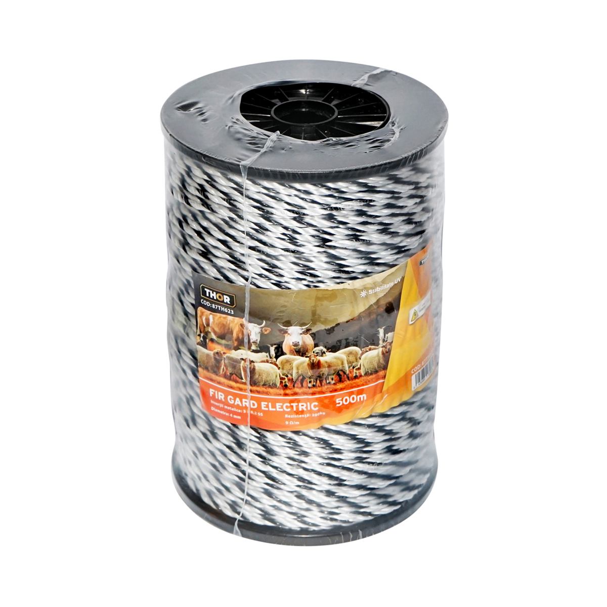 Rola fir alb-negru fi 4mm insertie metalica 3x0.2mm SS, rezistenta 9 Ohm/m, 500m gard electric Thor - imagine 3