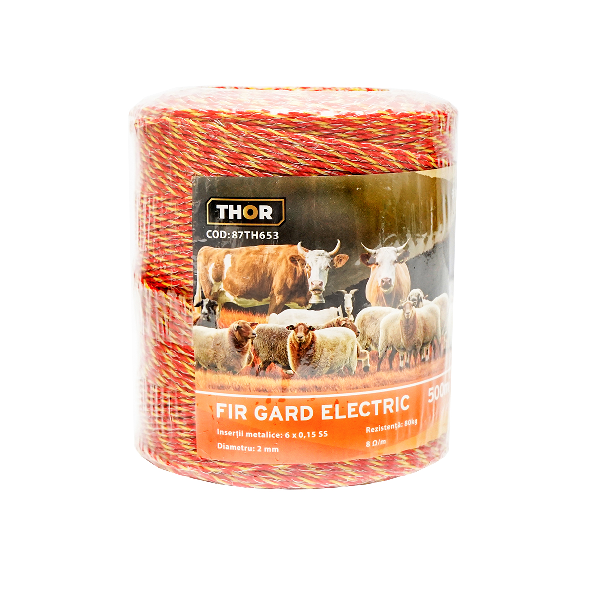 Rola fir portocaliu fi 2mm insertie metalica 6x0.15mm SS, rezistenta 8 Ohm/m, 500m gard electric Thor - imagine 2
