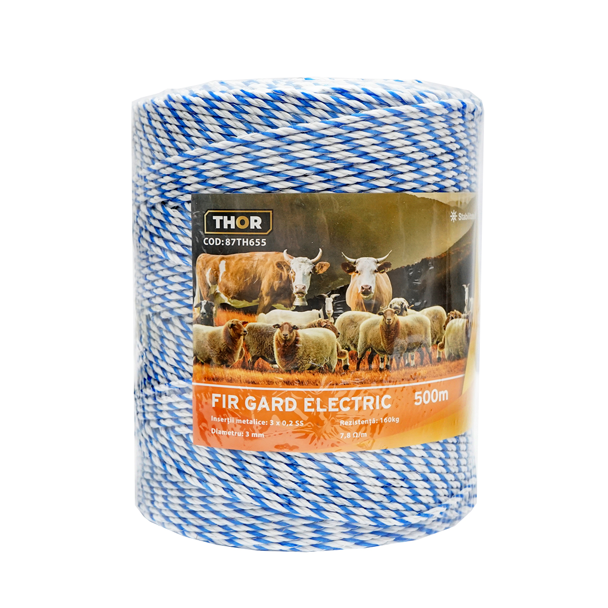Rola fir alb-albastru fi 3mm insertie metalica 3x0.2mm SS, rezistenta 7.8 Ohm/m, 500m gard electric Thor - imagine 2