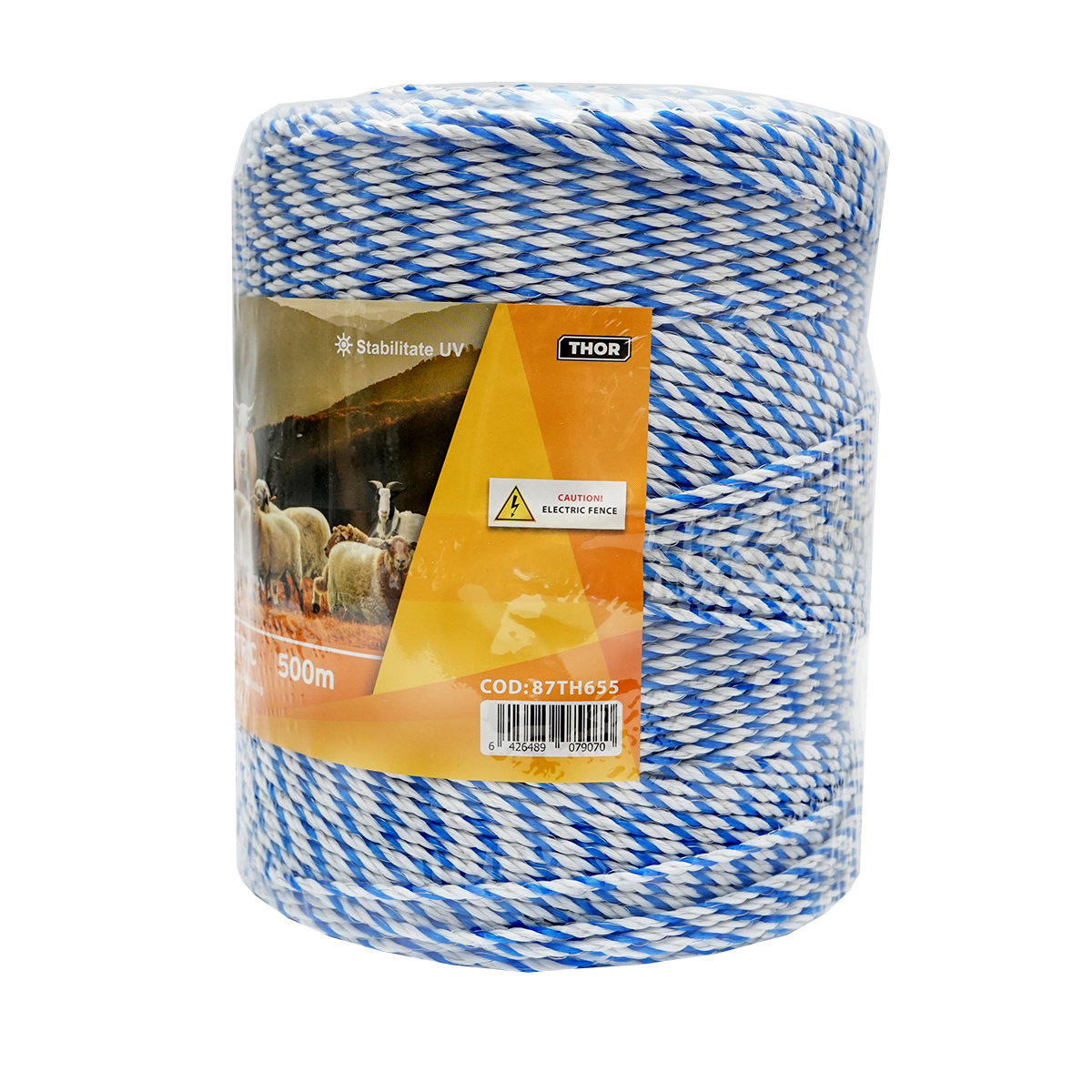 Rola fir alb-albastru fi 3mm insertie metalica 3x0.2mm SS, rezistenta 7.8 Ohm/m, 500m gard electric Thor - imagine 3