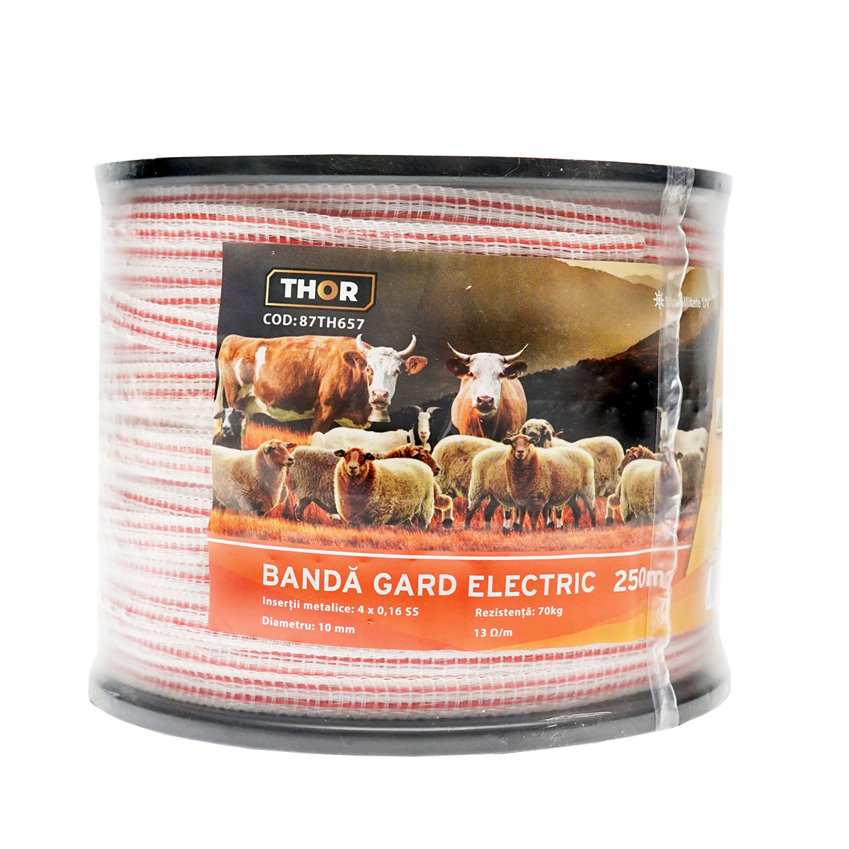 Rola banda rosu-alb 10mm insertie metalica 4x0.16mm SS, rezistenta 13 Ohm/m, 250m gard electric Thor