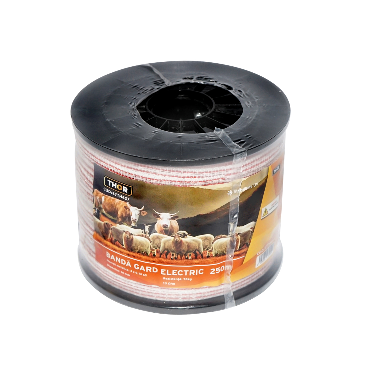 Rola banda rosu-alb 10mm insertie metalica 4x0.16mm SS, rezistenta 13 Ohm/m, 250m gard electric Thor - imagine 3
